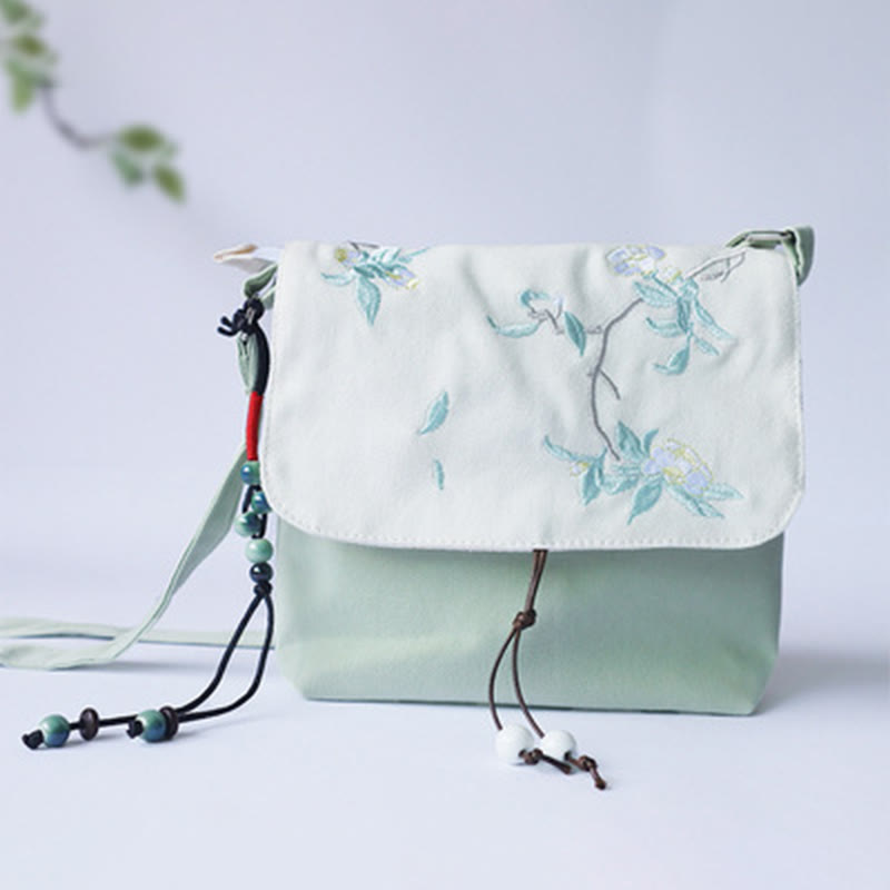Buddha Stones Handmade Embroidered Plum Flowers Canvas Crossbody Bag Shoulder Bag Handbag Crossbody Bag BS Green White Tea Flower 17*19cm