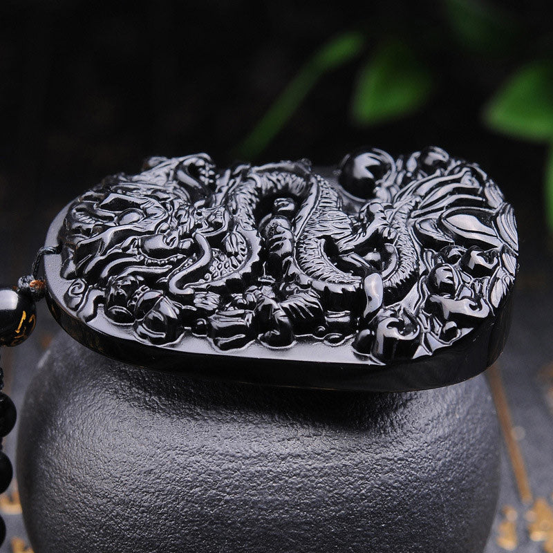 Collier pendentif dragon en obsidienne noire Foviel