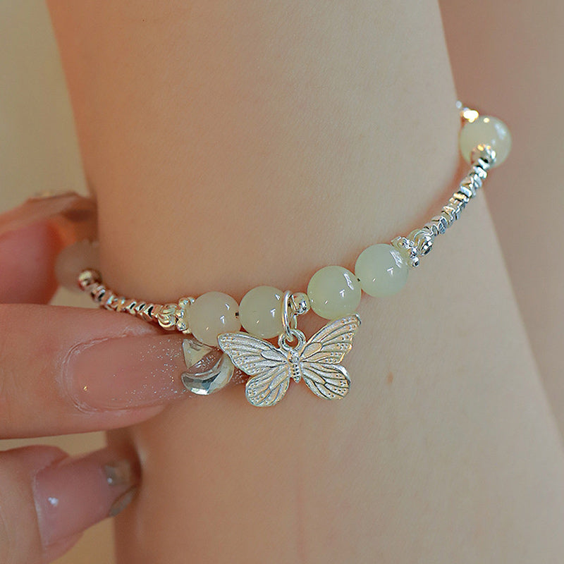 Buddha Stones 925 Sterling Silver Natural Hetian Jade Luck Butterfly Charm Bracelet Bracelet BS 4