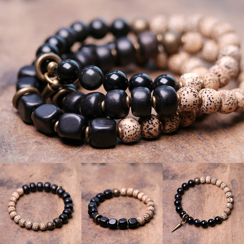 Buddha Stones Tibetan Bodhi Seed Black Obsidian Ebony Wood Copper Peace Bracelet Bracelet BS 1
