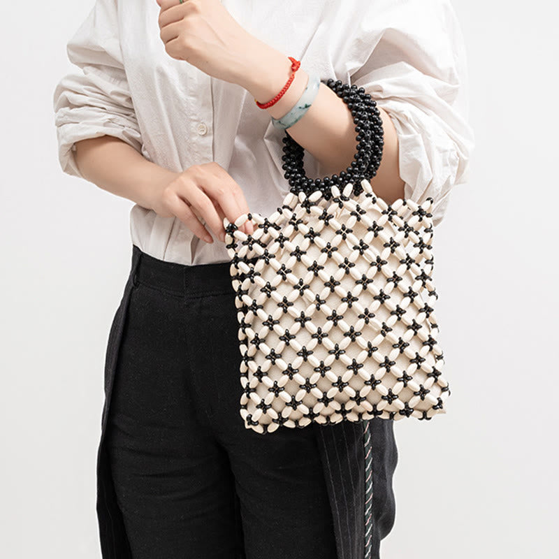 Buddha Stones Hand-woven Lozenge Wooden Beads Handbag Handbags BS 9