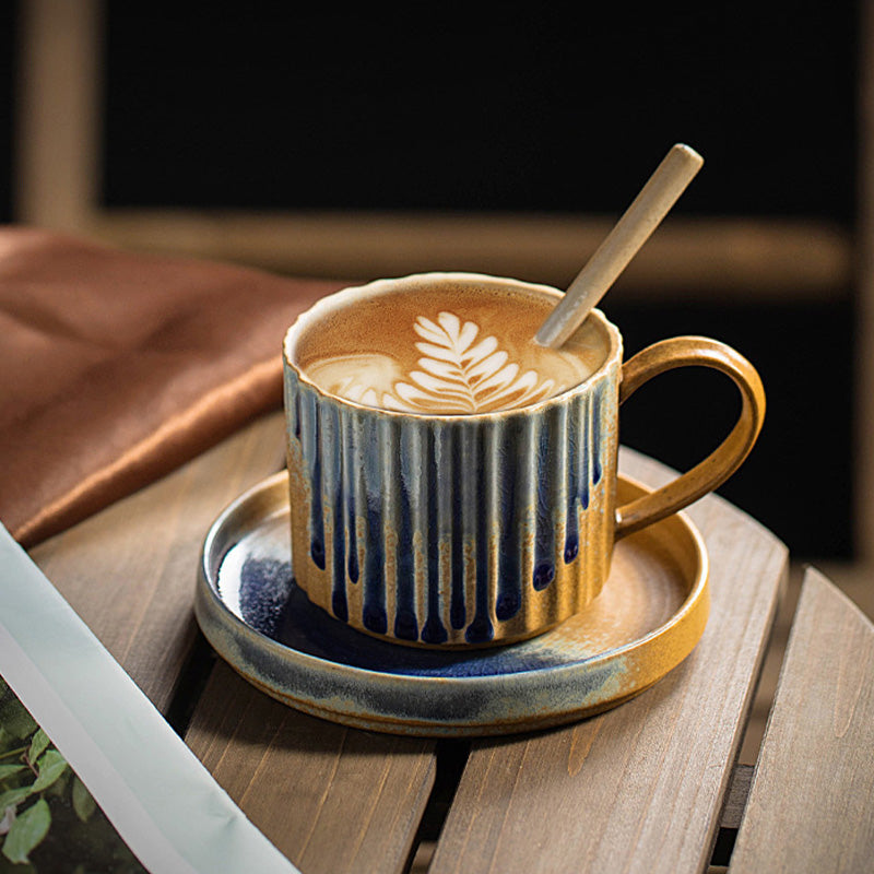 Buddha Stones Retro Striped Kiln Change Ceramic Coffee Mug Rough Pottery Tea Coffee Cup With Saucer 250ml Coffee Mug BS 8