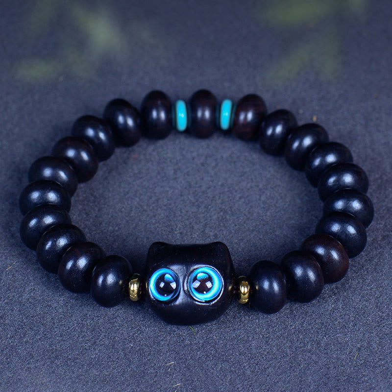 Buddha Stones Ebony Wood Liuli Glass Lovely Cat Peace Balance Bracelet Bracelet BS 5