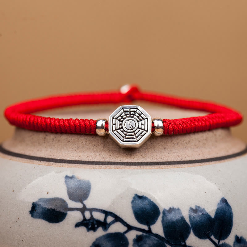 Buddha Stones 925 Sterling Silver Yin Yang Bagua Symbol Cinnabar String Concentration Bracelet Bracelet BS main