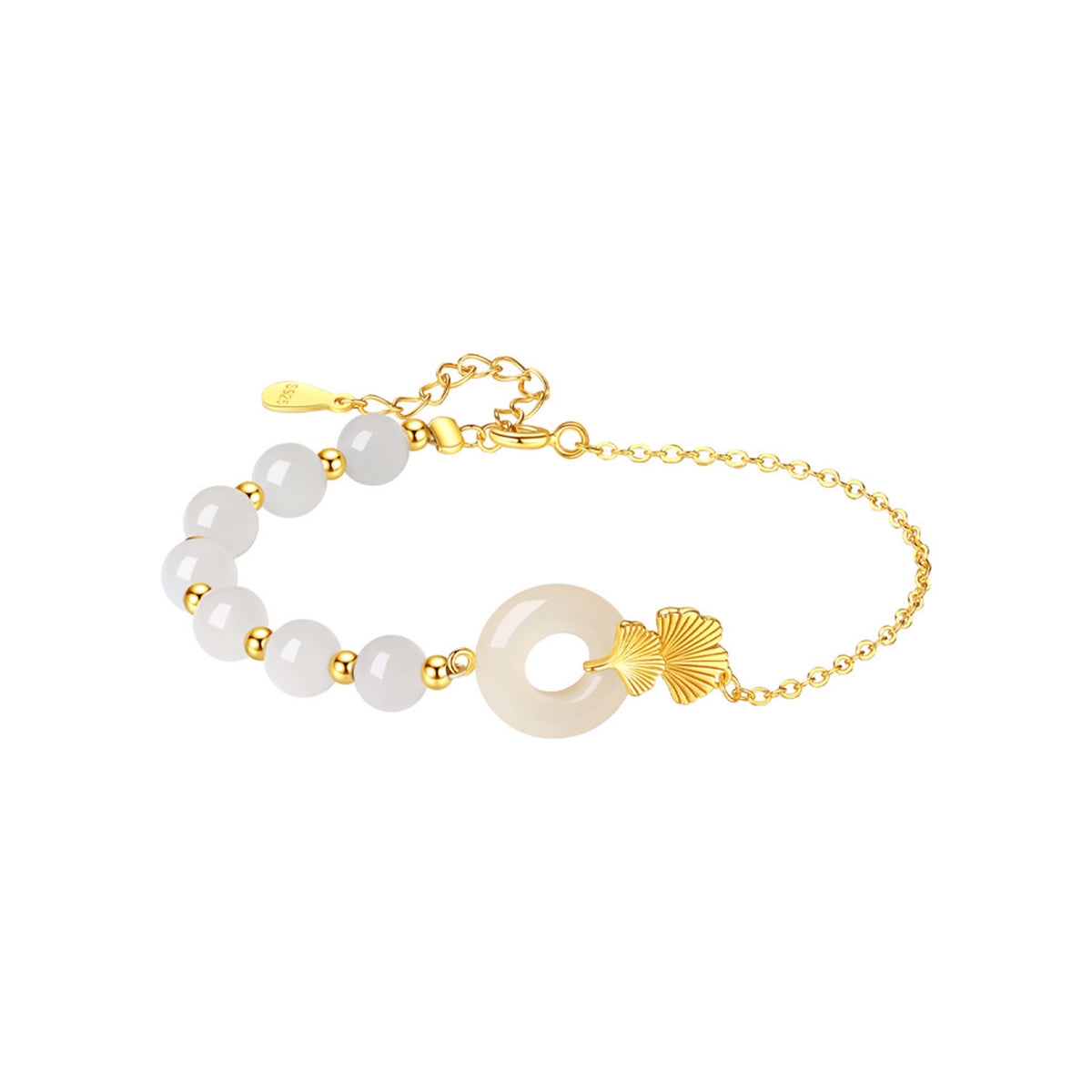 Buddha Stones 925 Sterling Silver Hetian White Jade Peace Buckle Ginkgo Leaf Luck Bracelet Bracelet BS 9