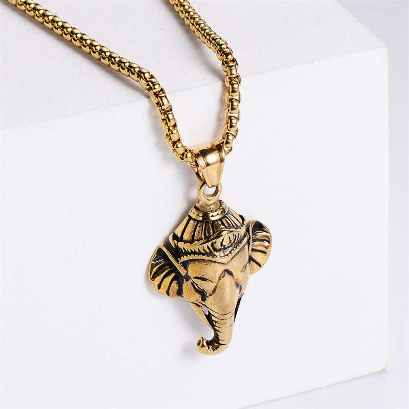 Buddha Stones Ganesh Ganpati Elephant Titanium Steel Protection Pendant Necklace Necklaces & Pendants BS Gold