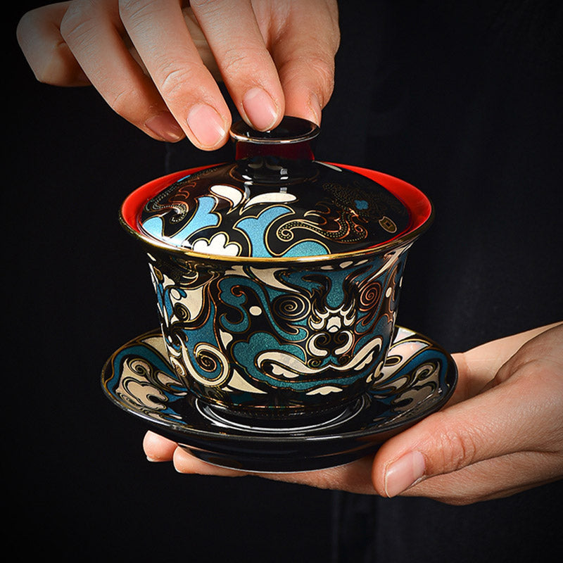 Buddha Stones Peking Opera Mask Pattern Ceramic Gaiwan Sancai Teacup Kung Fu Tea Cup And Saucer With Lid Teapot Cup BS Gaiwan Teacup 10cm *9cm*125ml