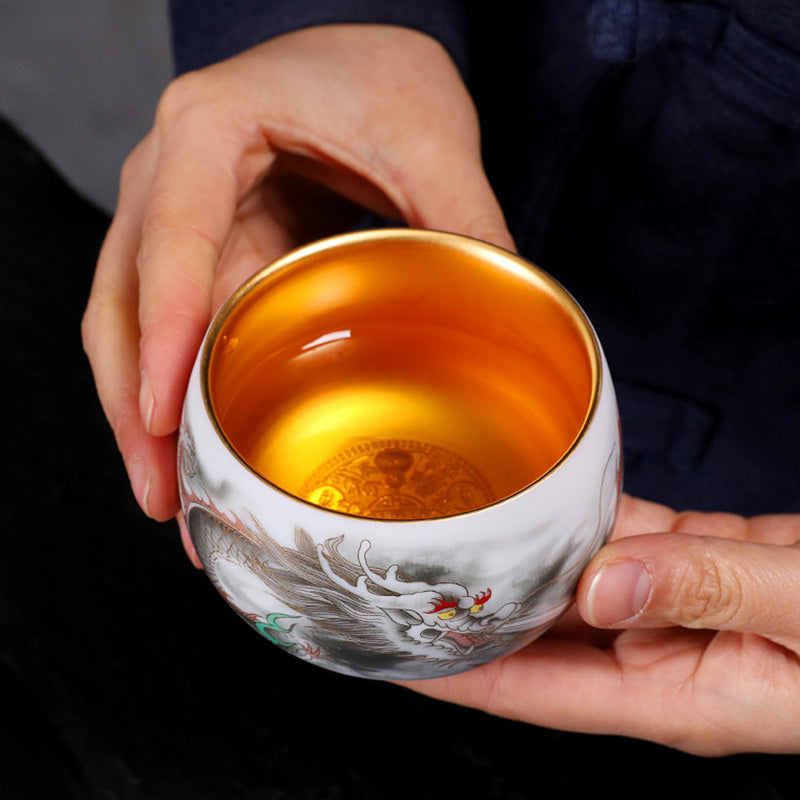 Buddha Stones Dragon Gilt Gourd Ceramic White Porcelain Teacup Kung Fu Tea Cup 160ml Cup BS 2