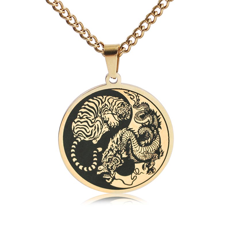 Buddha Stones Tiger Dragon Titanium Steel Chain Necklace Harmony Pendant Necklaces & Pendants BS Gold
