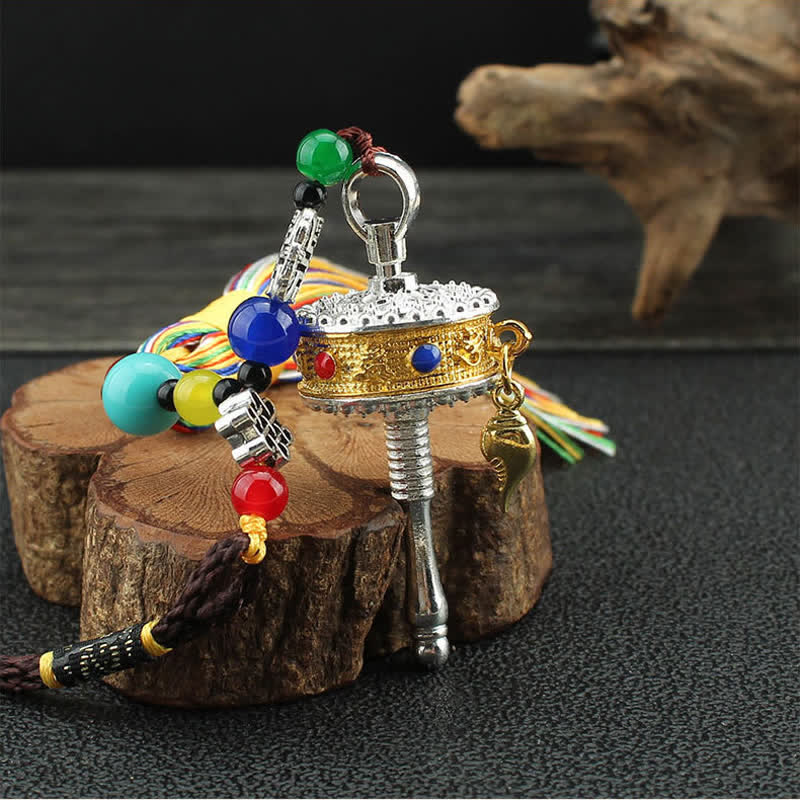 Buddha Stones Tibet Om Mani Padme Hum Prayer Wheel Tassel Bag Car Hanging Decoration Car Hanging Decoration BS 12