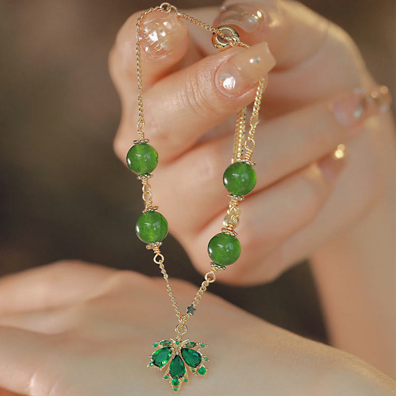 Buddha Stones 14k Gold Plated Green Chalcedony Maple Leaf Courage Strength Bracelet Bracelet BS 1