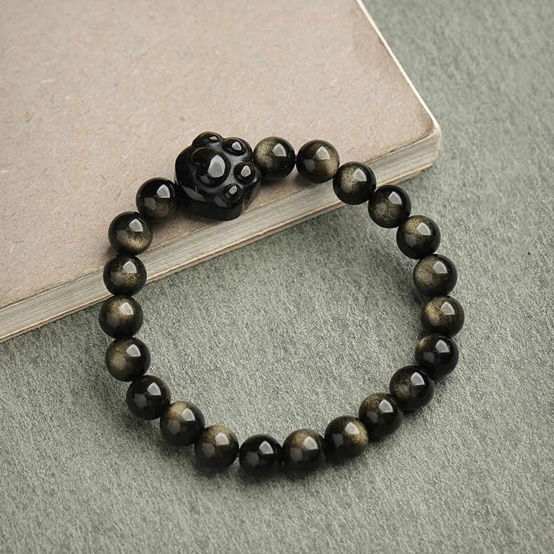 Foviel Gold Sheen Obsidian Silver Sheen Obsidian Lovely Paw Lucky Cat Protection Bracelet