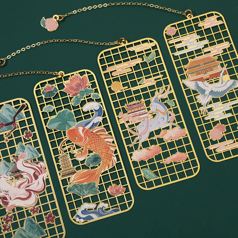 Buddha Stones Elk Koi Fish Crane Nine-Tailed Fox Metal Brass Hollow Bookmark Bookmarks BS main