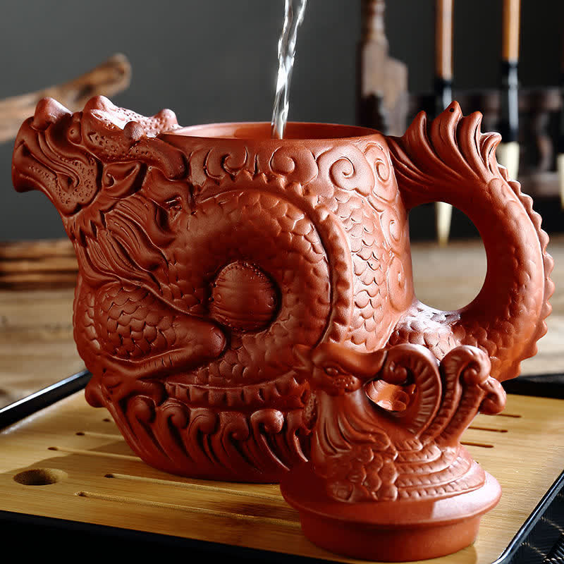 Buddha Stones Vintage Dragon Phoenix Ceramic Teapot Teapot BS Brown