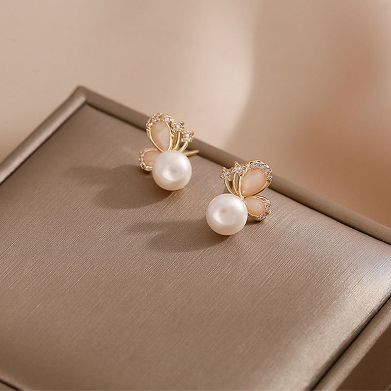 Buddha Stones 18K Gold Pearl Butterfly Love Freedom Stud Earrings Earrings BS 3