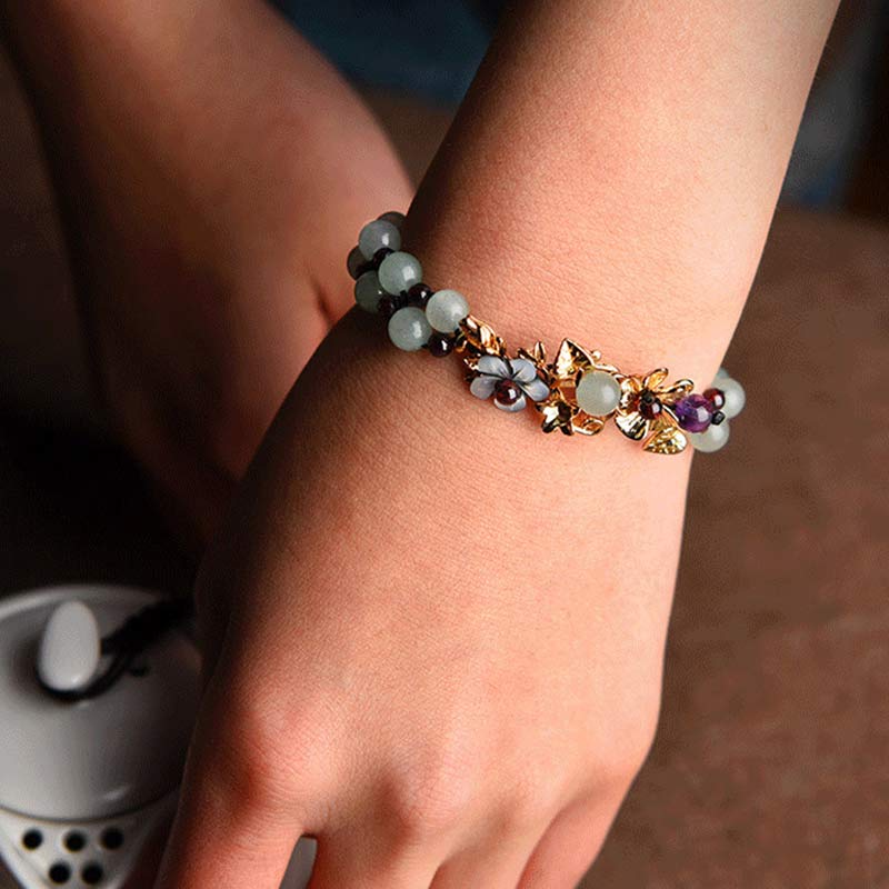 Buddha Stones Green Aventurine Garnet Bead Flower Petal Luck Bracelet Bracelet BS 5