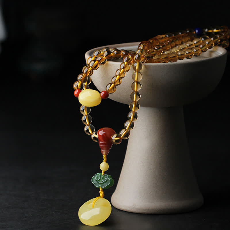 108 Mala Beads Natural Citrine Amber Peace Buckle Red Agate PiXiu Protection Charm Bracelet Mala Bracelet BS 12