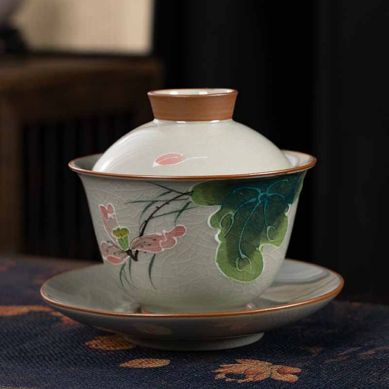 Buddha Stones Lotus Koi Fish Pod Leaf Ceramic Gaiwan Sancai Teacup Kung Fu Tea Cup And Saucer With Lid 140ml Cup BS Lotus Pod 11.5cm*9.5cm*140ml