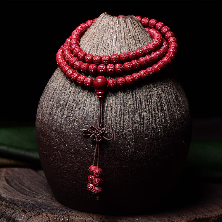 Buddha Stones 108 Mala Beads Cinnabar Om Mani Padme Hum Pattern Engraved Blessing Bracelet Mala Bracelet BS 12