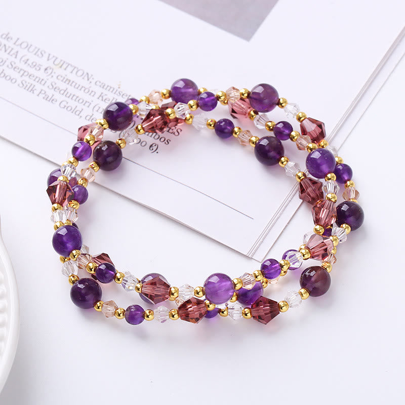 Buddha Stones Natural Tourmaline Strawberry Quartz Amethyst Peace Wisdom Double Wrap Bracelet Bracelet BS Amethyst(Spiritual Awareness♥Inner Peace)