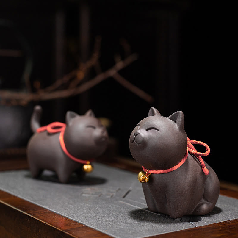 Buddha Stones Mini Lovely Cat Tea Pet Purple Clay Figurine Desk Decoration Decorations BS main