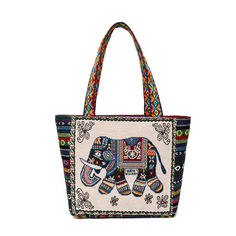 Buddha Stones Elephant Butterfly Embroidered Large Capacity Canvas Tote Bag Shoulder Bag Bag BS Beige Elephant