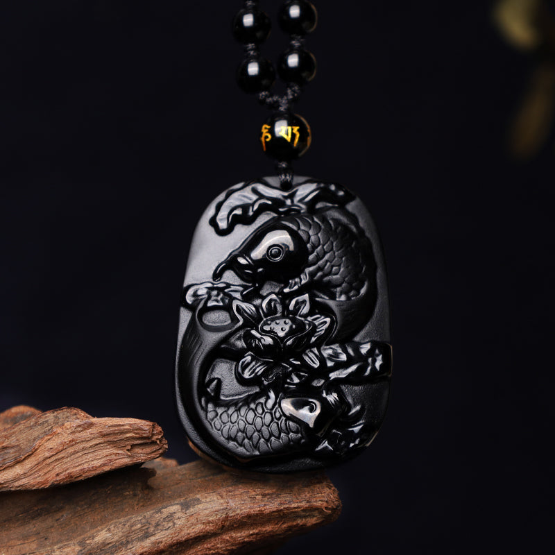 Buddha Stones Natural Black Obsidian Koi Fish Lotus Strength Beaded Necklace Pendant Necklaces & Pendants BS Koi Fish(Luck♥Prosperity)