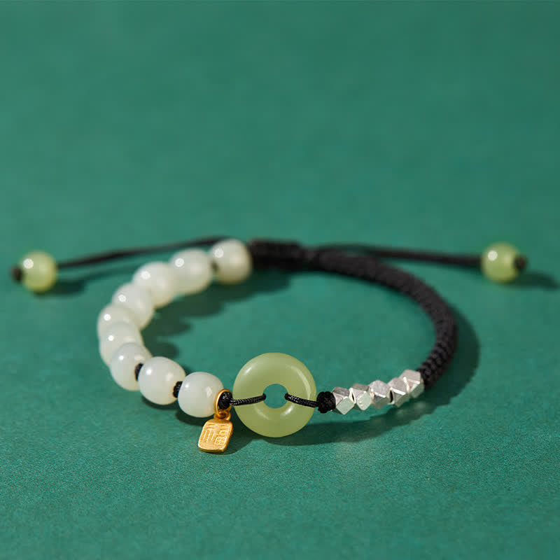 Buddha Stones 925 Sterling Silver Hetian Jade Peace Buckle Beaded Luck Happiness Charm Bracelet Bracelet BS Black