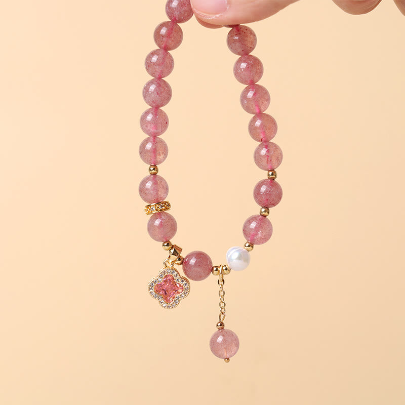 Foviel Strawberry Quartz Pearl Four Leaf Clover Charm Healing Bracelet