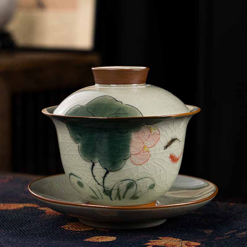 Buddha Stones Lotus Koi Fish Pod Leaf Ceramic Gaiwan Sancai Teacup Kung Fu Tea Cup And Saucer With Lid 140ml Cup BS Lotus Koi Fish 11.5cm*9.5cm*140ml