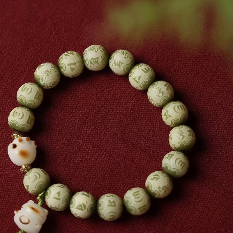 Buddha Stones Green Bodhi Seed Cat Paw Om Mani Padme Hum Engraved Wisdom Bracelet Bracelet BS 8