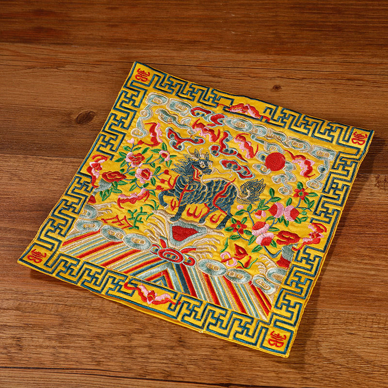 Buddha Stones Crane Phoenix Dragon Kirin Embroidered Cup Mat Pad Tea Cup Coaster Square Kung Fu Tea Mat Tea Mat BS Yellow Kirin