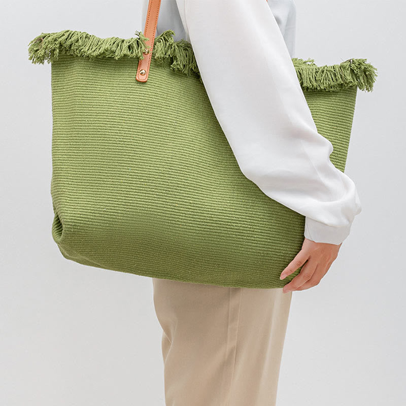 Buddha Stones Large Capacity Solid Color Tassel Canvas Tote Shoulder Bag Shoulder Bag BS 14