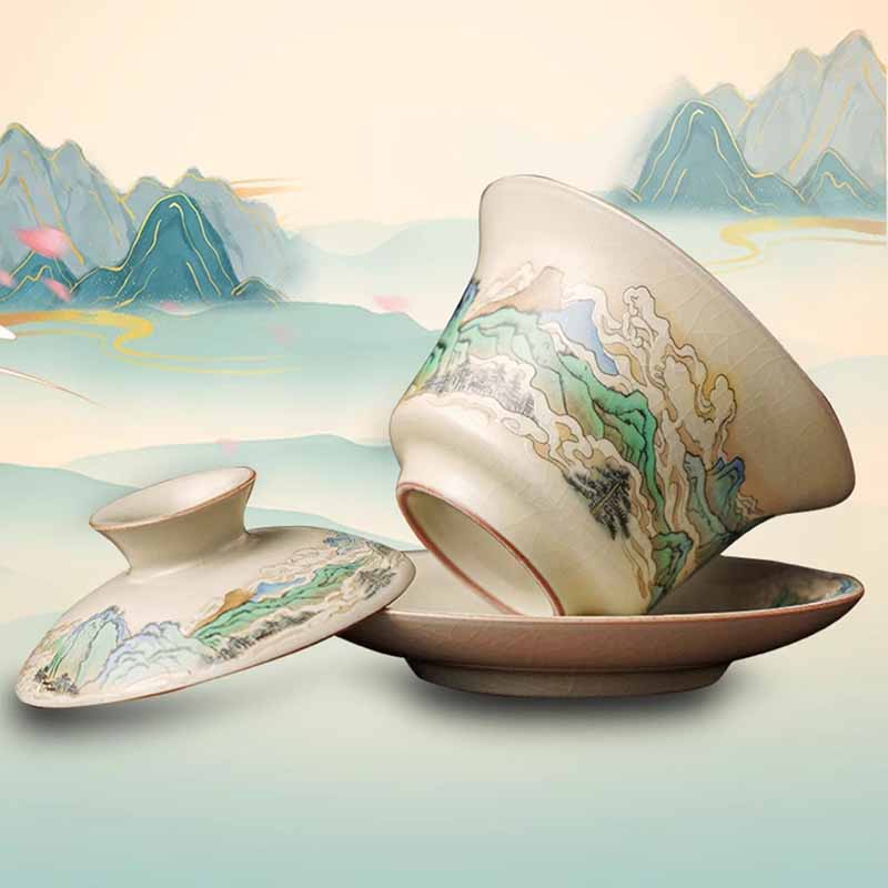 Buddha Stones A Panorama of Rivers and Mountains Flowers Ceramic Gaiwan Sancai Teacup Kung Fu Tea Cup And Saucer With Lid Cup BS 5
