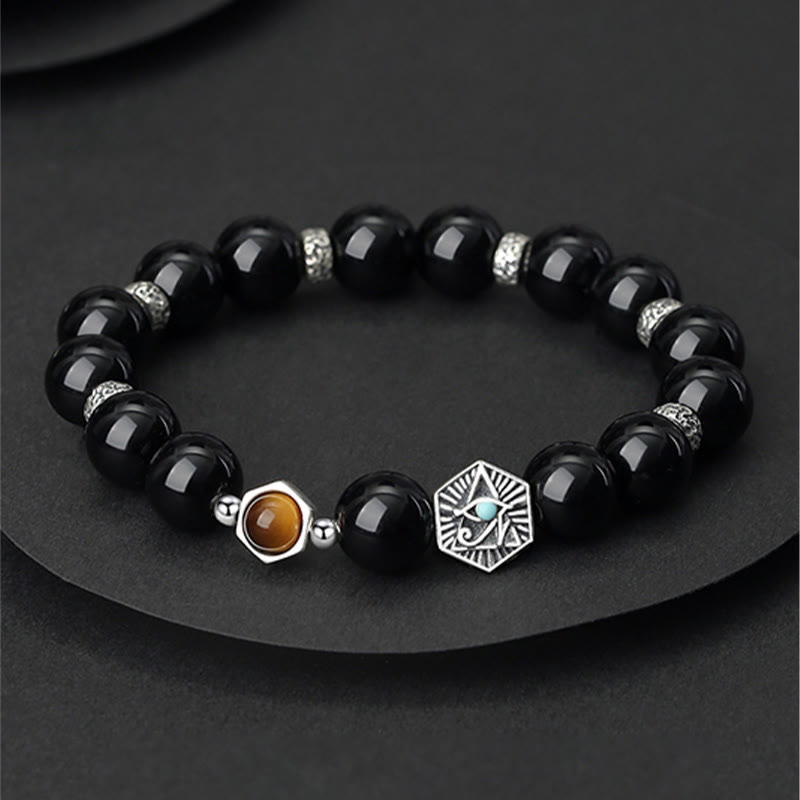 Foviel 925 Sterling Silver Black Obsidian Tiger Eye Eye of Providence Purification Bracelet