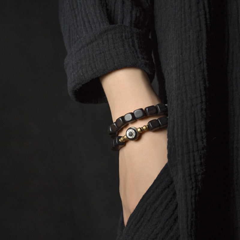 Buddha Stones Ebony Wood Dzi Bead Copper Peace Couple Bracelet Bracelet BS 2