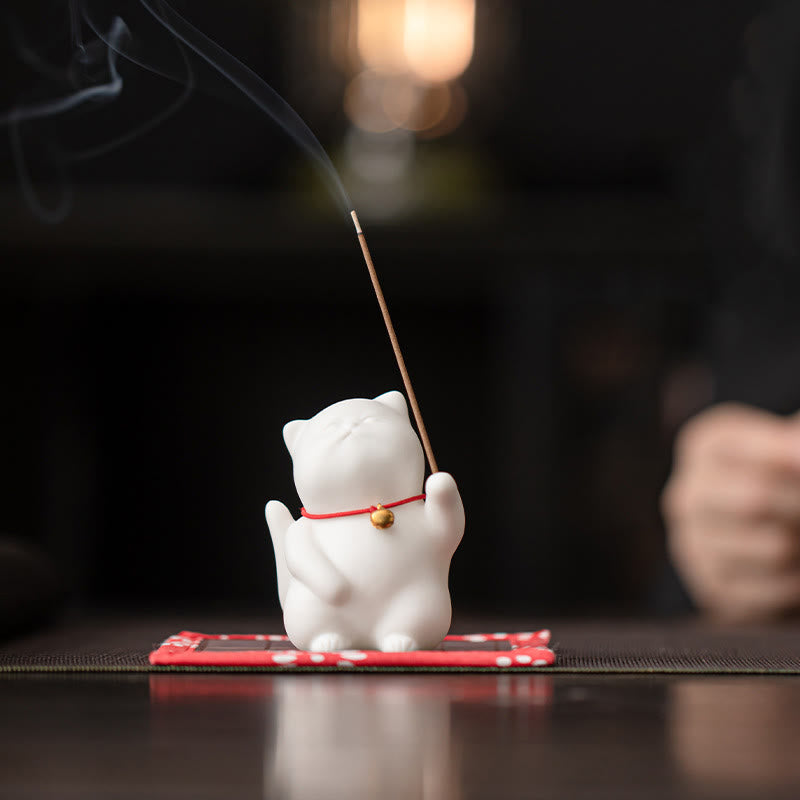 Buddha Stones Mini Cute Cat Ceramic Healing Incense Burner Desk Decoration Incense Burner BS Cat 5*4.7*6.8cm&Bamboo Mat 10cm
