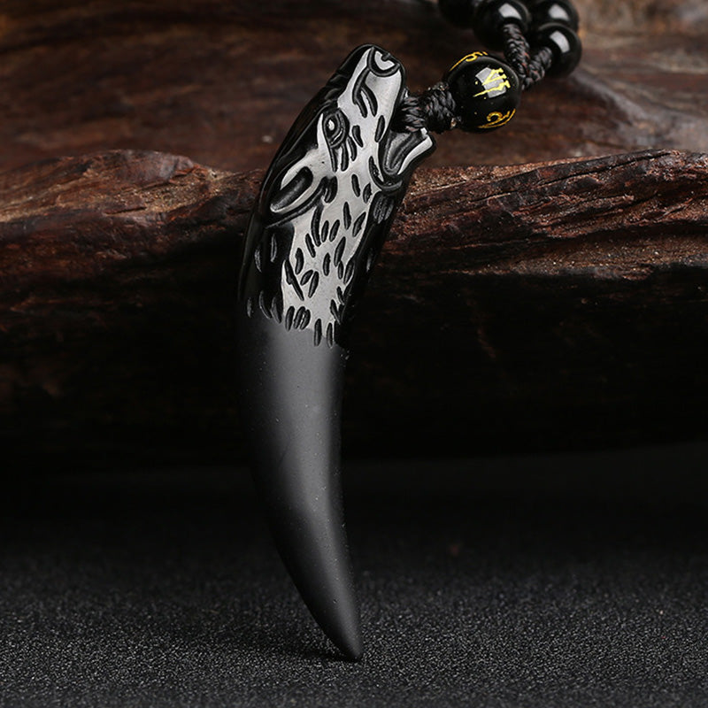 Buddha Stones Natural Ice Obsidian Wolf Tooth Pattern Courage Necklace Pendant - image 2