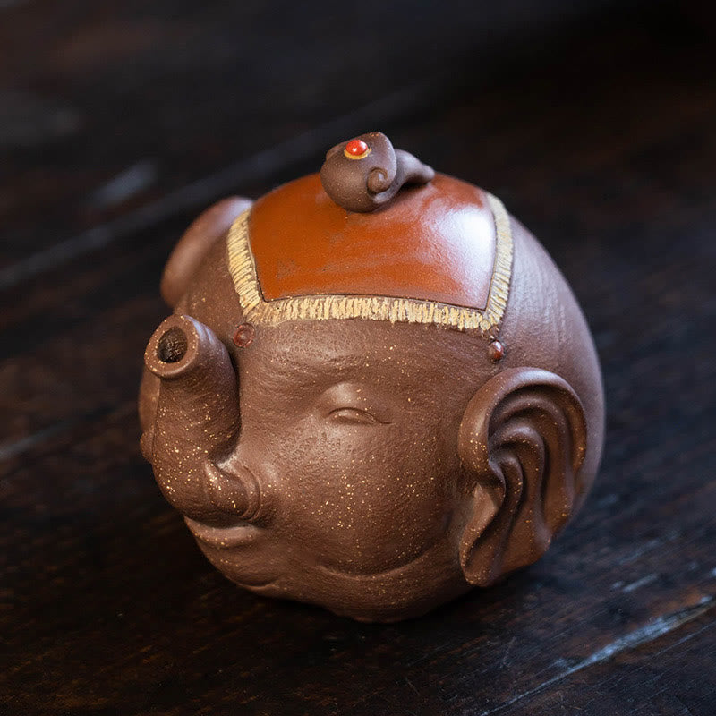 Buddha Stones Cute Elephant Auspicious Clouds Purple Clay Ceramic Teapot Teapot BS 3