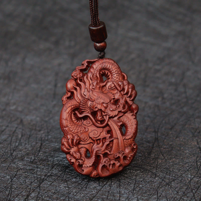 Buddha Stones Lightning Struck Jujube Wood Double Dragon Relief Ward Off Evil Spirits Necklace Pendant 7