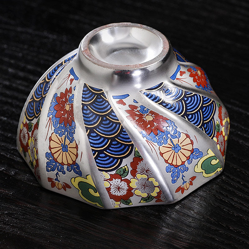 Buddha Stones 999 Sterling Silver Gilding Chrysanthemum Flowers Ceramic Teacup Kung Fu Tea Cup Cup BS 16