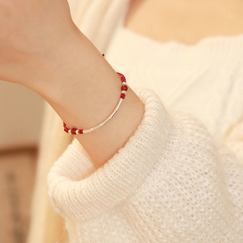 Buddha Stones 925 Sterling Silver Bamboo White Agate Red Agate Bead Protection String Braided Bracelet Bracelet BS 6