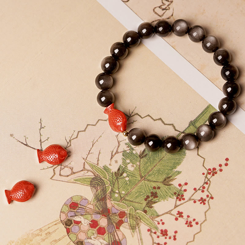 Foviel Natürlich Silber Sheen Obsidian Zinnober Koi Fisch Beruhigender Schutz Armband