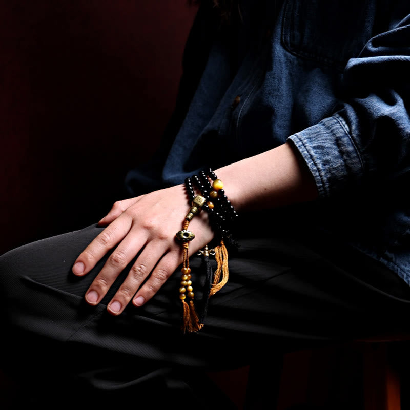Buddha Stones Tibetan 108 Mala Beads Black Onyx Tiger Eye Beads Nine Palaces Bagua Protection Bracelet Mala Bracelet BS 14