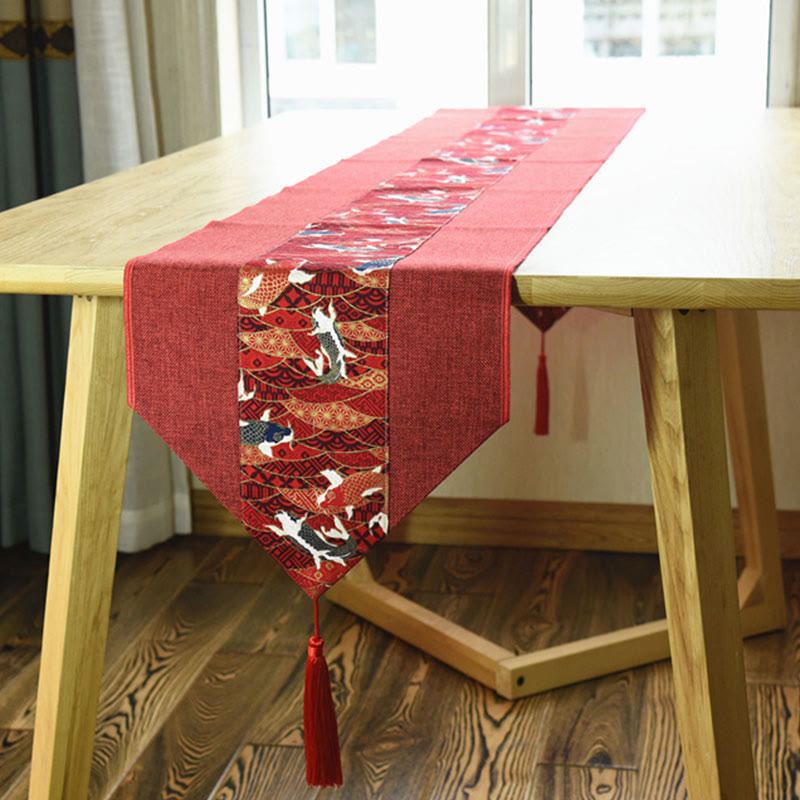 Buddha Stones Classic Chinese Style Lotus Koi Fish Flower Crane Calligraphy Enlightenment Cotton Linen Tassels Table Runner Table Runner BS 19