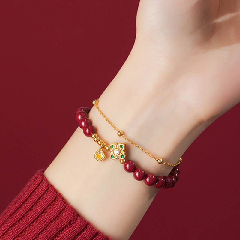 Buddha Stones 925 Sterling Silver Natural Cinnabar Four Leaf Clover Flower Blessing Chain Bracelet Bracelet BS 5