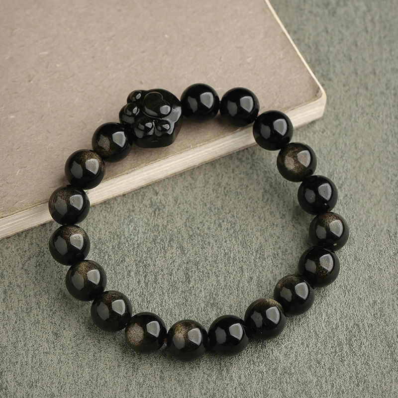 Foviel Gold Sheen Obsidian Silver Sheen Obsidian Lovely Paw Lucky Cat Protection Bracelet