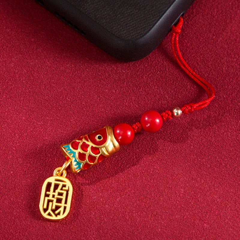 Buddha Stones Koi Fish Cinnabar Attracting Wealth Wish Ruyi Charm Luck Phone Hanging Decoration Phone Hanging Decoration BS 12
