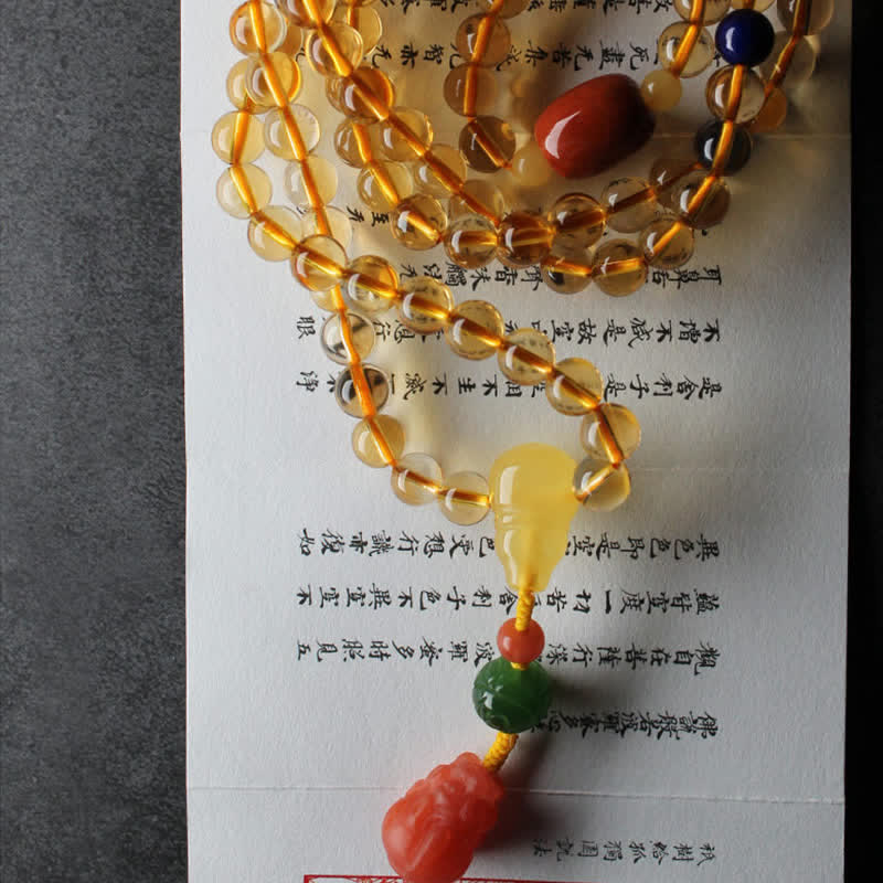108 Mala Beads Natural Citrine Amber Peace Buckle Red Agate PiXiu Protection Charm Bracelet Mala Bracelet BS 21