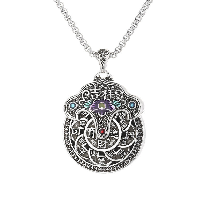 Buddha Stones Peony Flower Copper Coins Wealth Necklace Pendant Necklaces & Pendants BS 5
